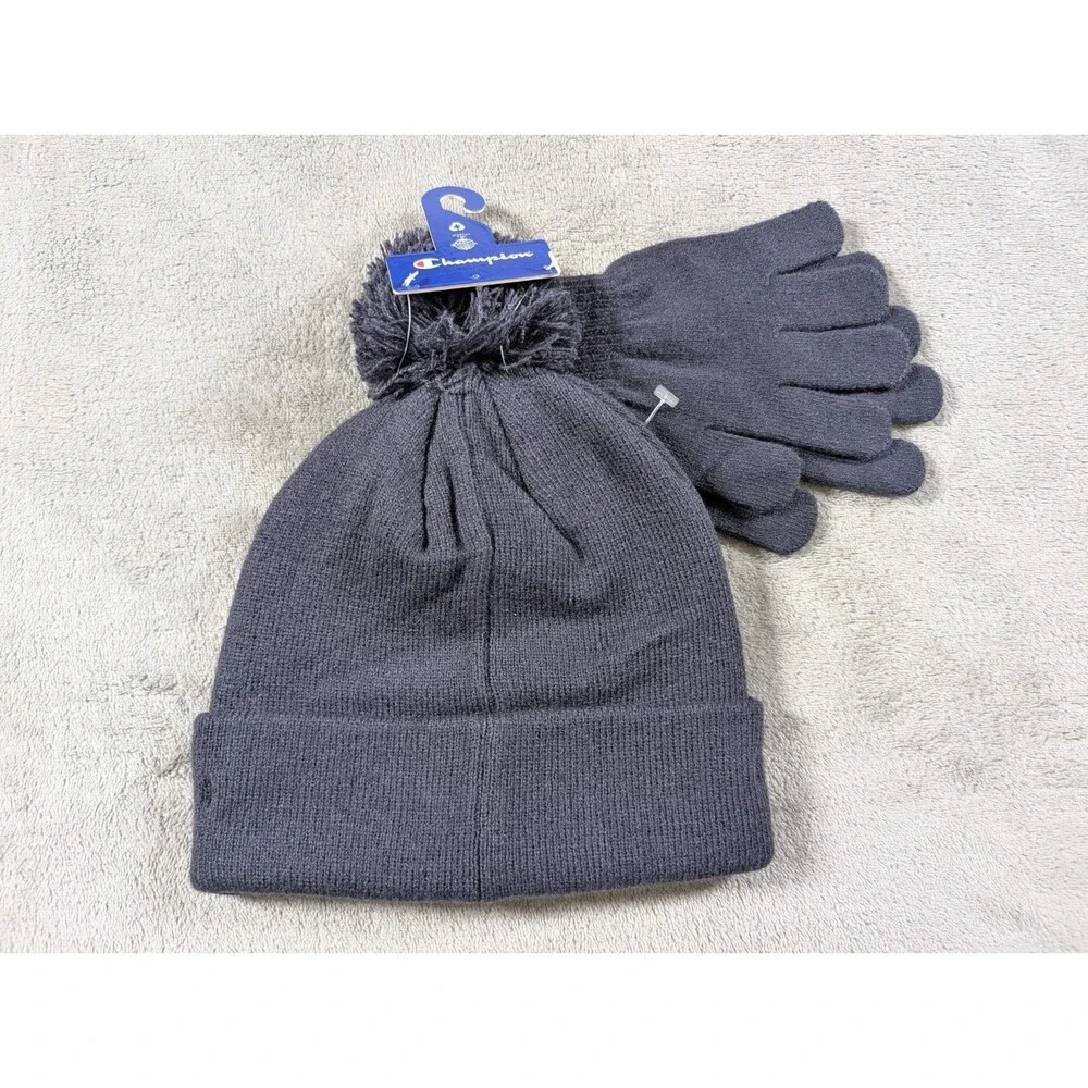 Champion Youth Blue Beanie Gloves Set Knit Logo Winter Cold Weather Unisex Kids